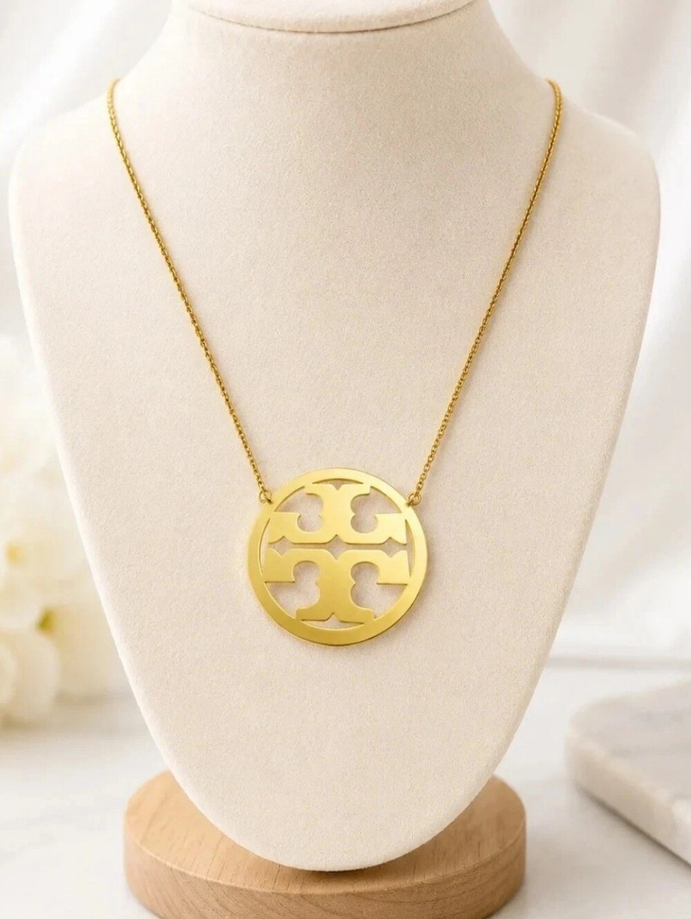 Tory Burch Gold Round Logo Cutout Pendant Necklace